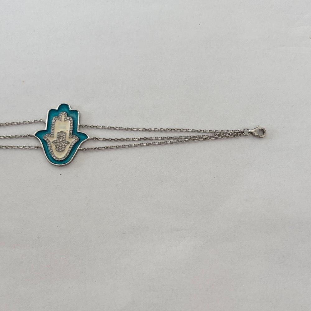 925 Silver crystal Blue Hamsa Charm 3 strand lobster claw bracelet - Picture 11 of 14